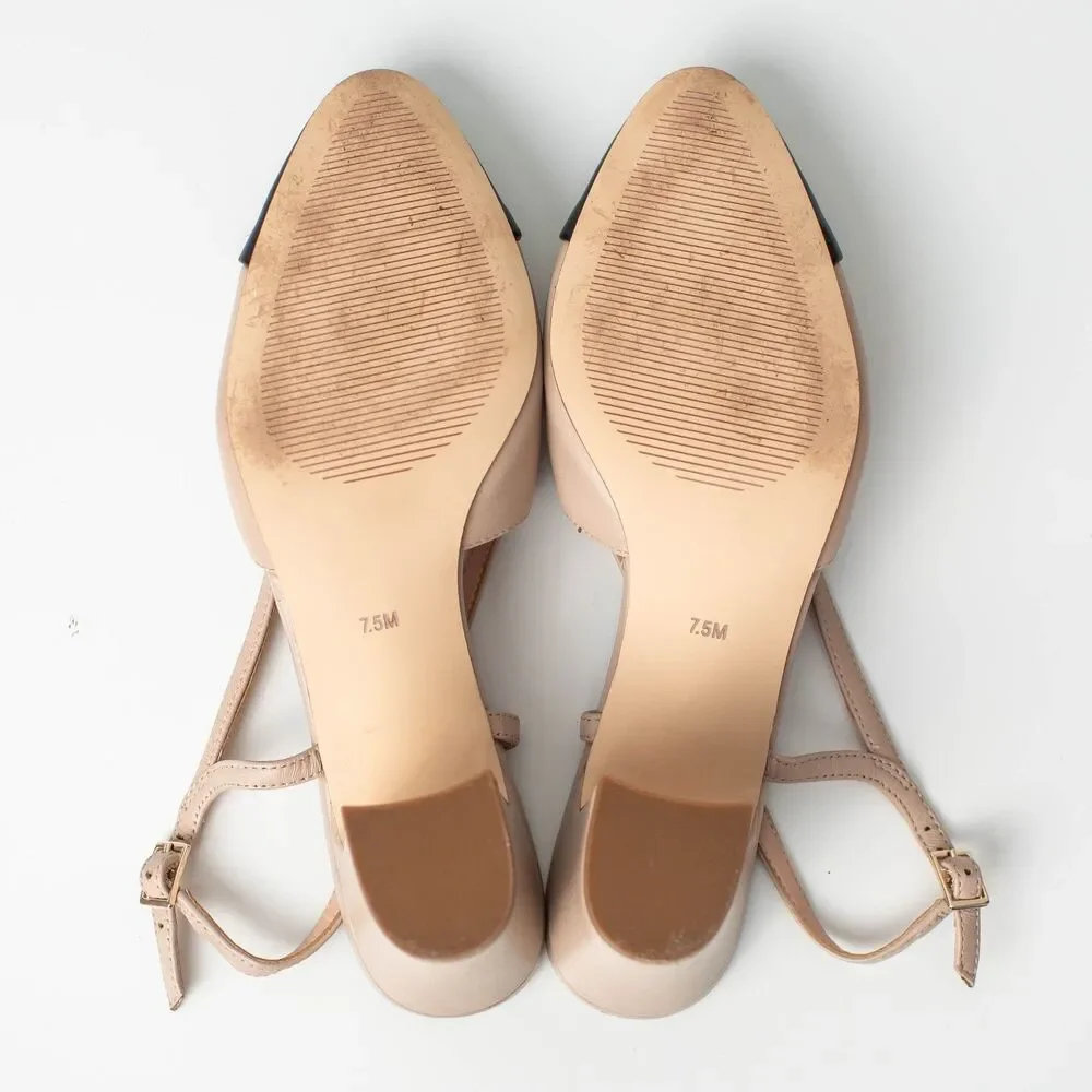 Talbots Women's 7.5 Leather Slingback Pumps Nude Beige Black Cap Toe Heels